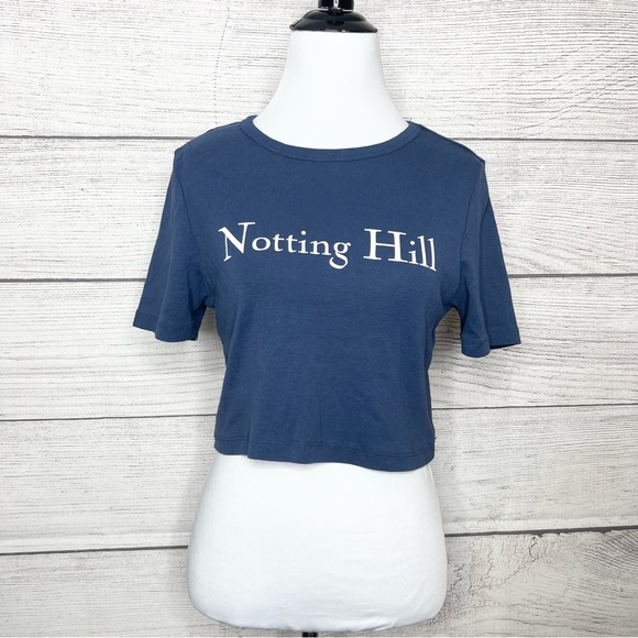 Topshop Navy Blue Notting Hill Crop Top Boxy Cropped Graphic Tee Size 12 Large - Picture 3 of 9